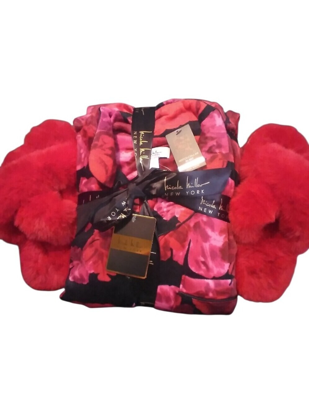 NWT Nicole Miller Pj Set With Red Fuzzy Criss Cross Slippers Size L Cozy Lounge